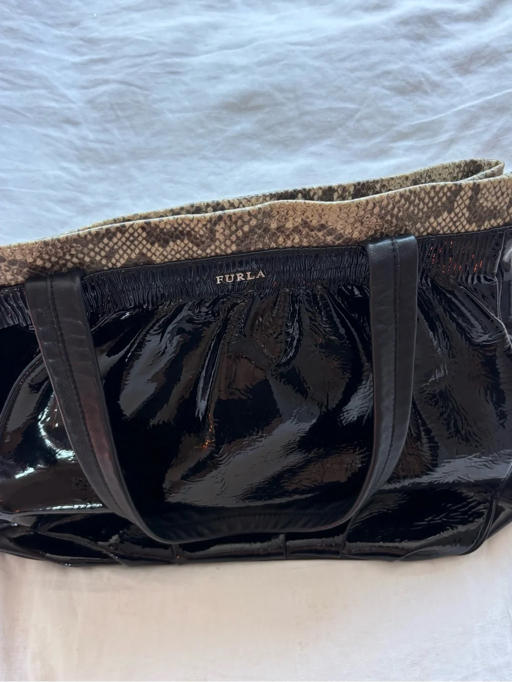 Vintage Furla Black Pure with Snake Print Trim